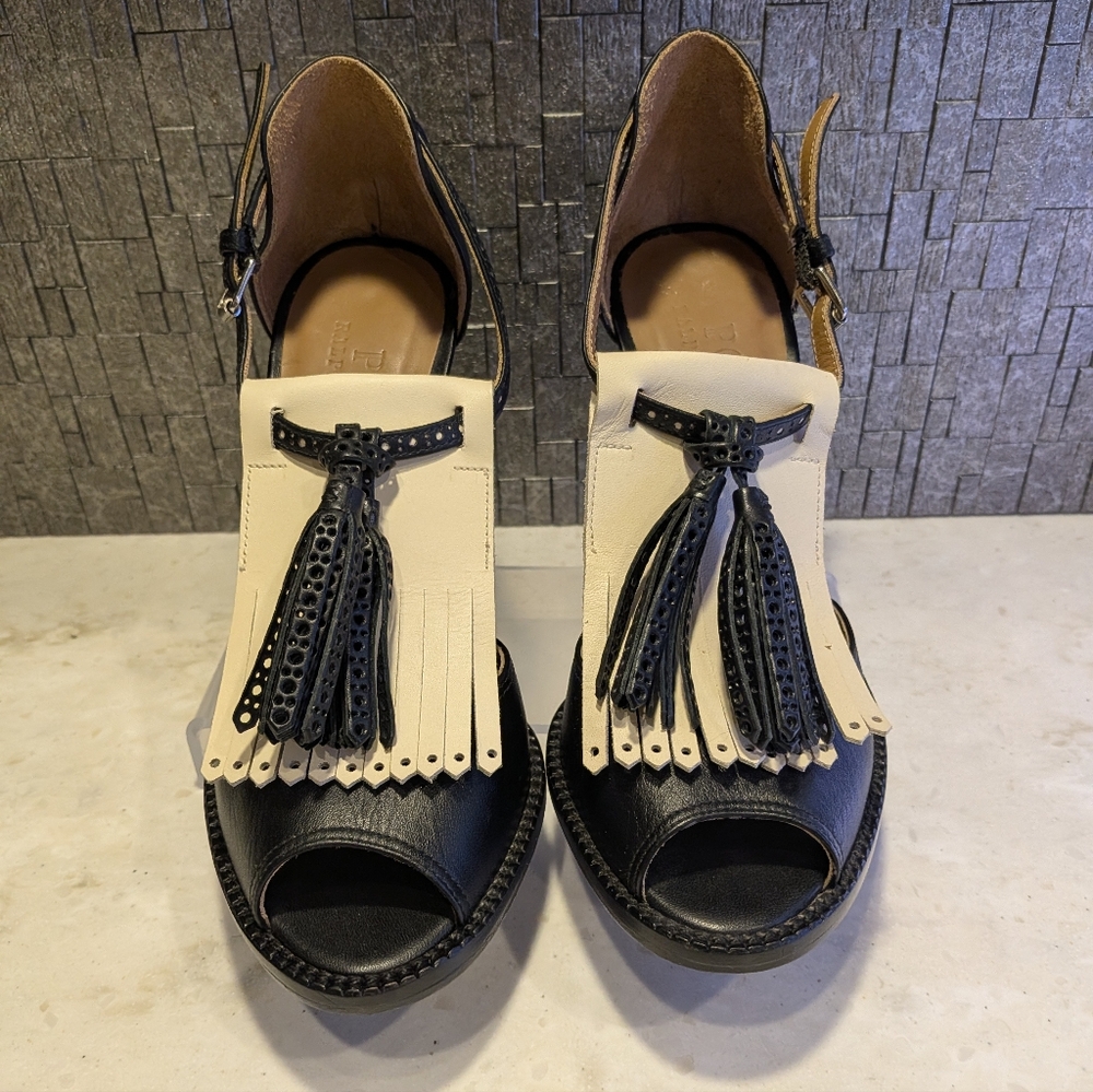 Polo Ralph Lauren Navy and Cream Tassel Peep Toe Sandals 35.5/5.5